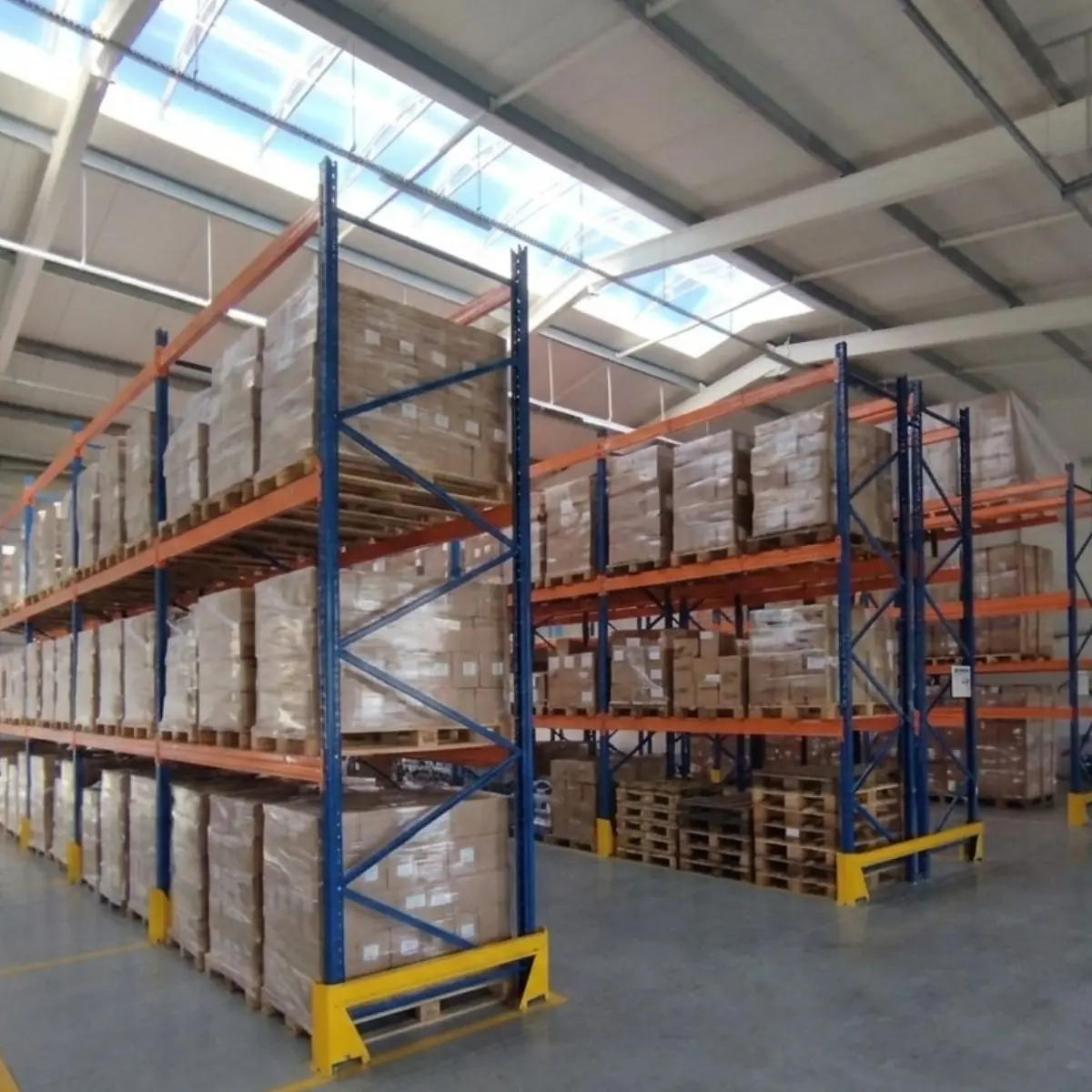 Palettenregale im Lager von MDO Logistics unter Lichtbändern
